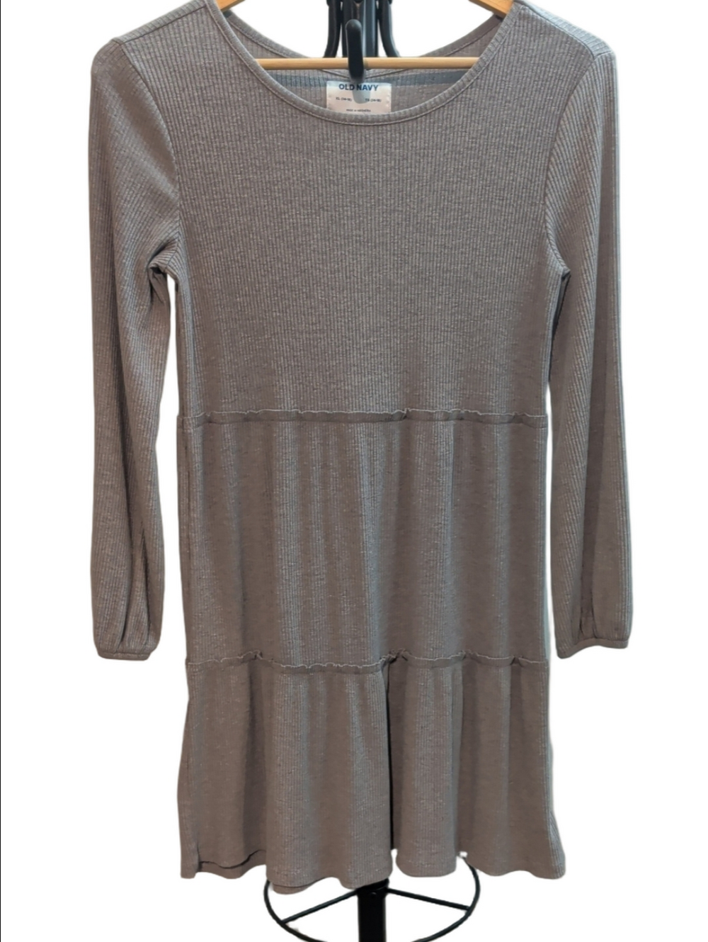 Old Navy Girls Gray Ribbed Long Sleeve Ruffle-Hem Dress